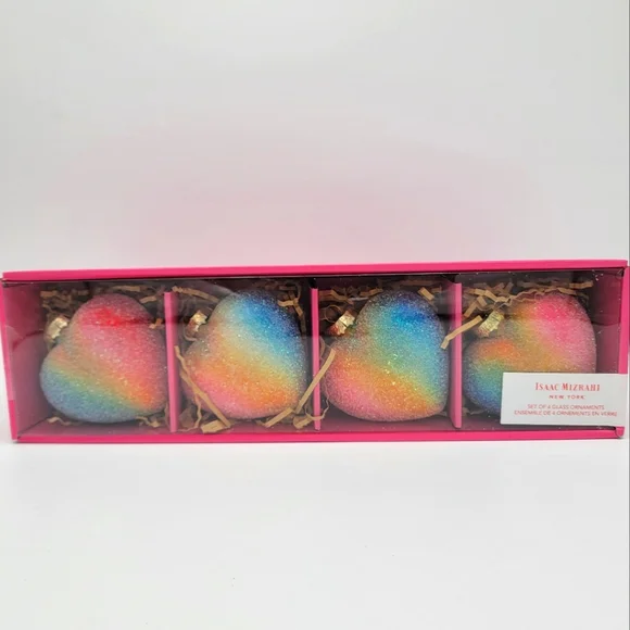 Isaac Mizrahi 4 Pack Rainbow Blown Glass Heart Ornaments - Picture 2 of 5
